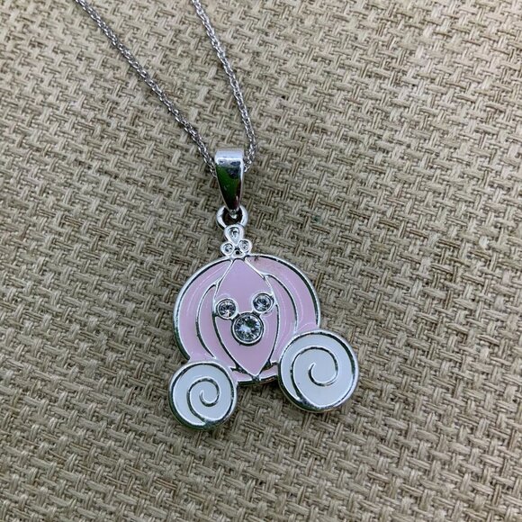 Disney Cinderella Pink Carriage Coach Swarovski Crystal Silver Tone Necklace - Picture 1 of 6
